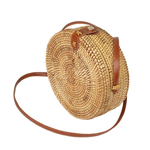 Handwoven Round Rattan Bag Shoulder Leather Straps Natural Chic Hand for Beach Travel and holiday