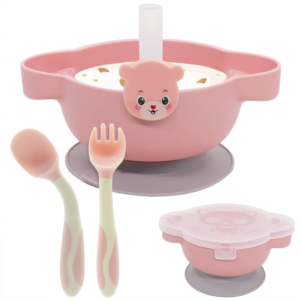 SNOWIE SOFT® 4Pcs Baby Feeding Bowl Set for Baby with Cover, Fork, PriSpoons and Straws, Food Grade PP Suction Cup Bowl Set, Self Feeding for Toddler, Dishwasher & Microwave Safe, BPA Free Pink