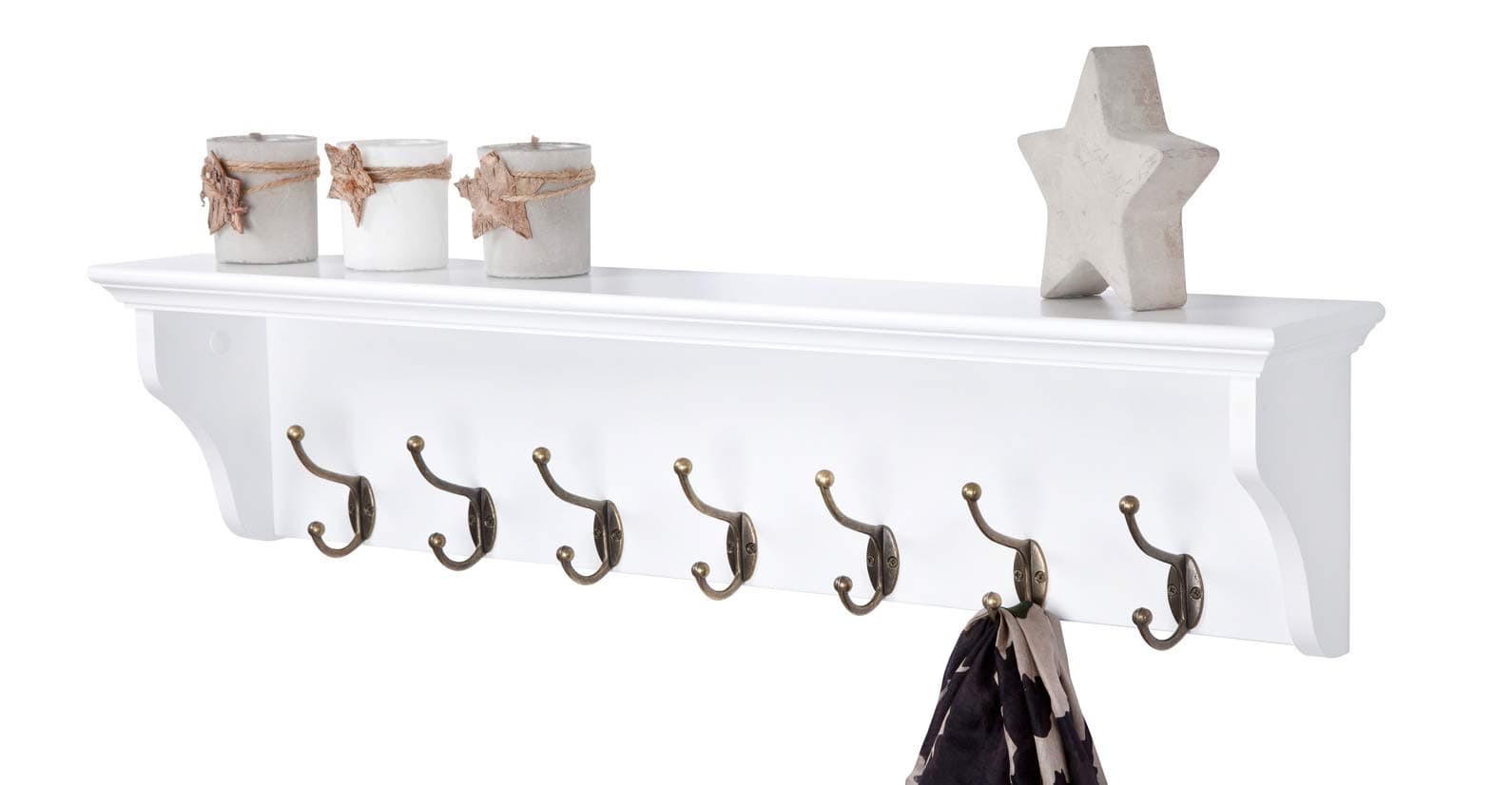 Wall Mounted Coat or Towel Rack with Shelf, White Wooden and 7 Double Hooks suit hall, bathroom, kitchen and cloakroom, Richmond Range