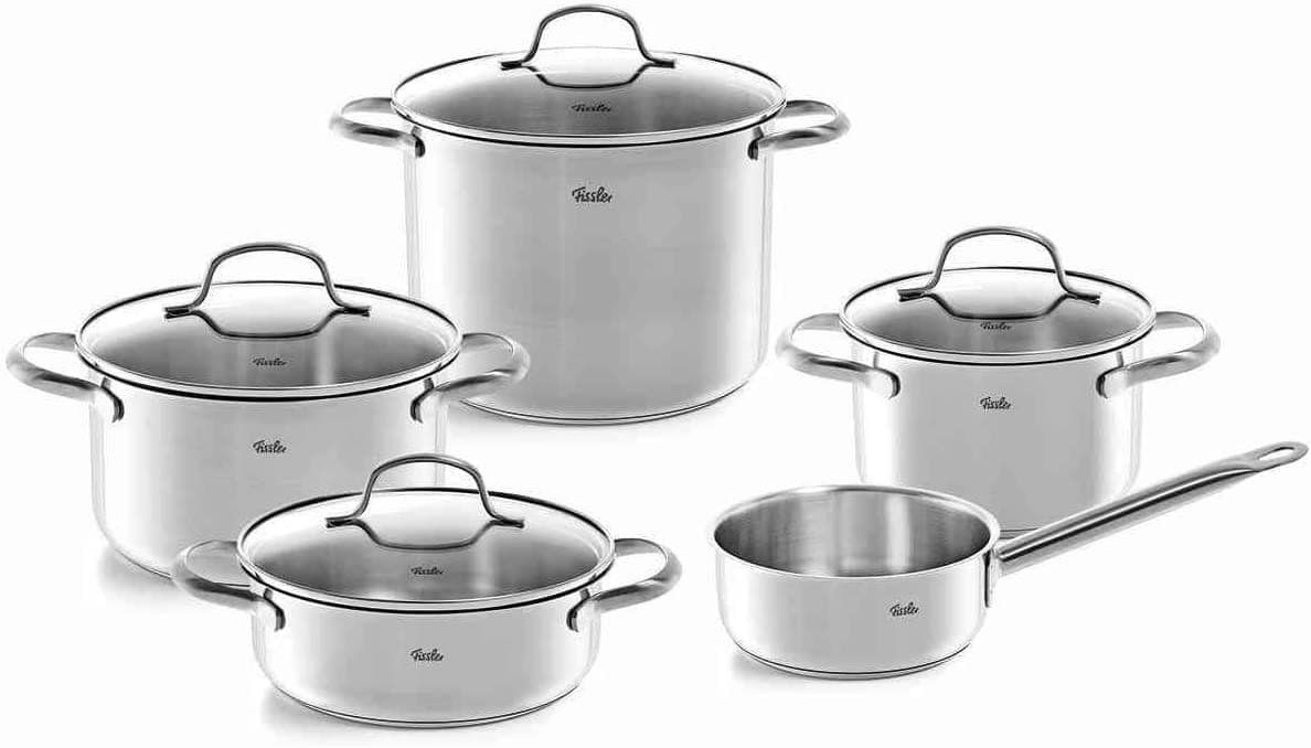 San Francisco 5-Piece Stainless Steel Saucepan Set with Glass Lids Suitable for Induction Cookers All Hob Types (3 Saucepans, 1 Stewing Pot, 1 Saucepan Without Lid)