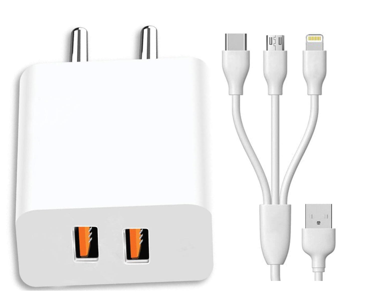 3 in 1 Dual Port Charger For Panasonic Eluga A A2 A3 Pro A4 Arc 2 C DL1 I I2 (2016) Activ I3 i3 Mega I4 I5 I7 (2019) I9 Icon L 4G L2 Mark Note Power Pulse X Ray 500 530 550 600 700 Charger Android Smartphone Wall Charger Mobile Charger Fast Charging Mobile Charger Hi Speed Rapid Fast Charger With 1.2m 3-in-1 Multi Functional Super charging Cable Micro USB Android, iOS and Type-C USB Cable - (White, 2.4Amp, SH.I1)
