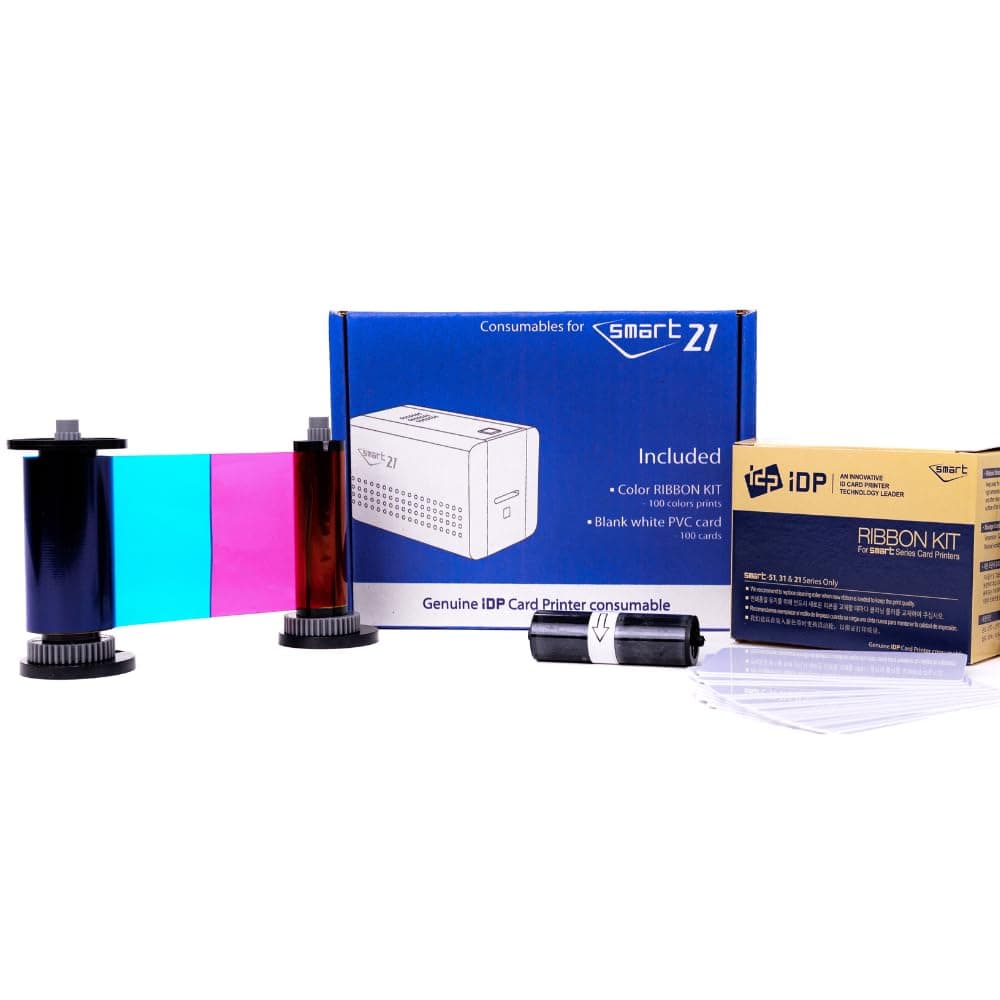 IDP Genuine SMART-21 YMCKO Consumables Kit with 1ea Color 100-Print Ink Ribbon, 100 Primus PVC Cards, and Cleaning Roller (not Compatible with IDP Solid Brand Products)