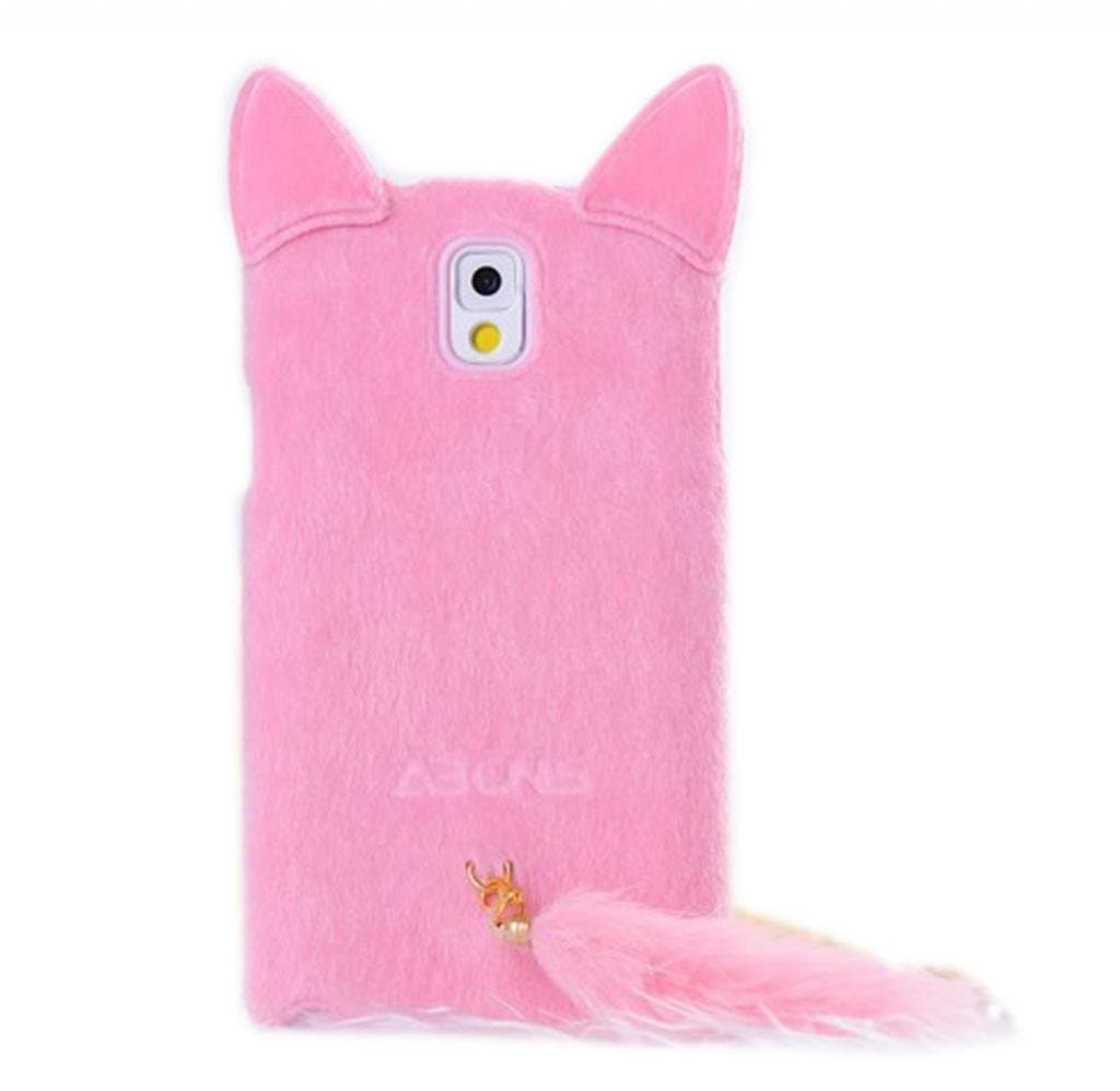 DE New Fashion Cartoon Animal Series Pink With Fluffy Plush Tail Fur Ear Cat Style Plush + TPU Soft Case Cover Shell Compatible for Samsung Galaxy Note 3 III N9000