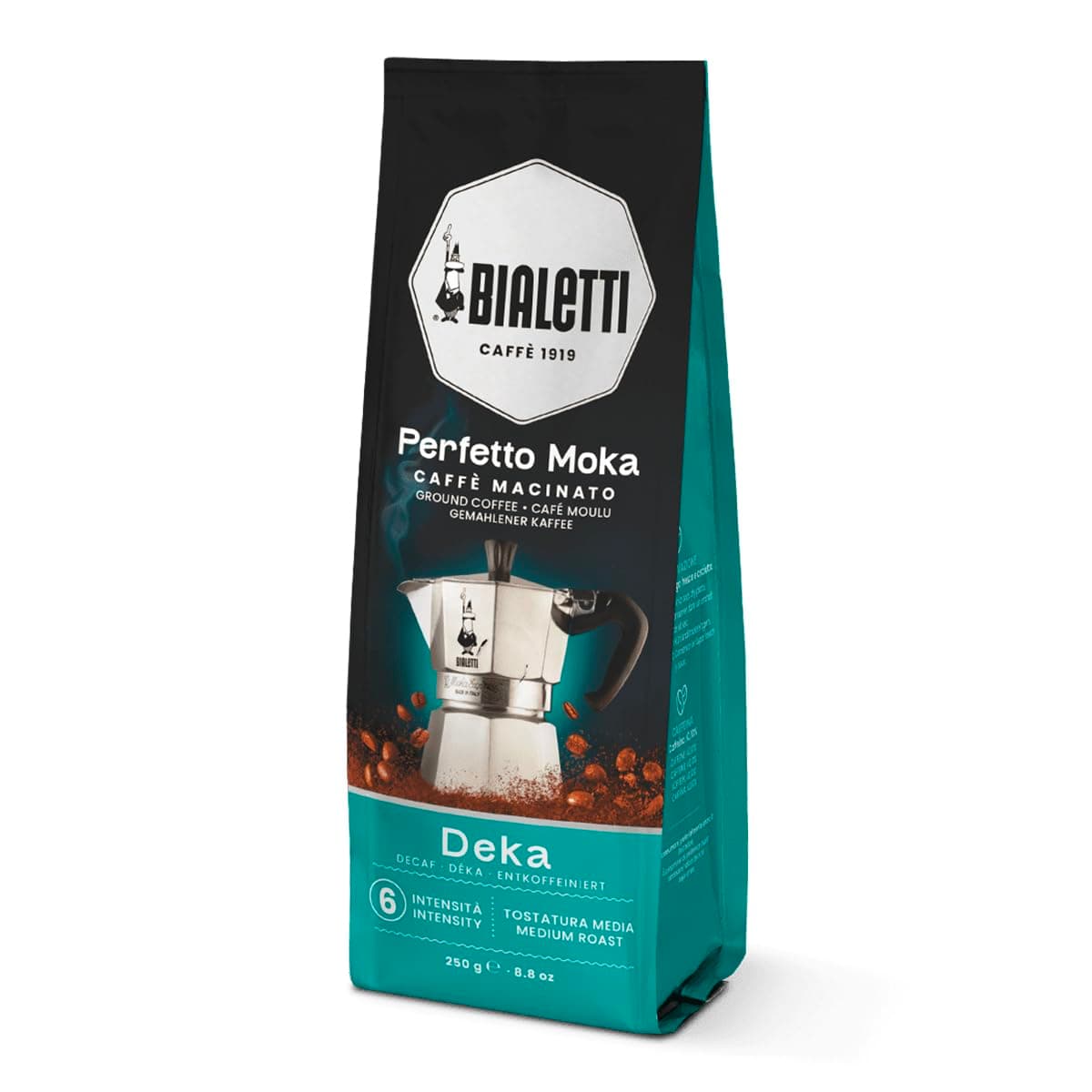 Perfetto Moka Deka: Medium Roasting Ground Coffee, Cereals Aroma, 8.8 Oz - 250g, Bag with Flavour-Saving Valve