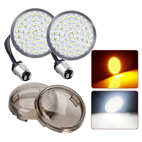 Vouke Generation II 1157 Front Turn Signals with 54-SMD Amber White Color Chips for Harley Davidson 2 in. Bullet Style Front Turn Signal, 2 1157 Lights + 2 Smoked Lens, Amber/White Color