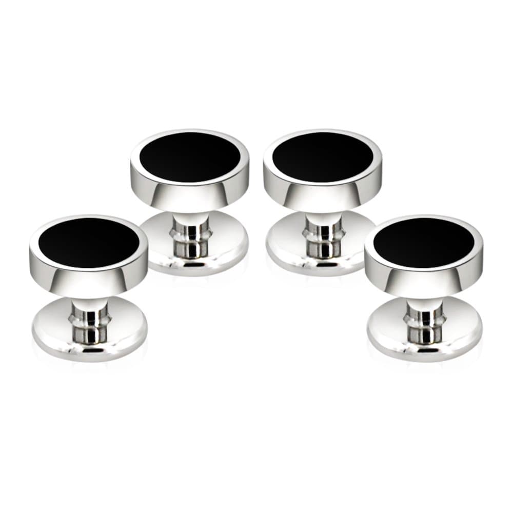 Men's Black Onyx Cufflink & Tuxedo Shirt Stud Set, 16mm Rhodium-Plated Brass, Elegant Gift Box