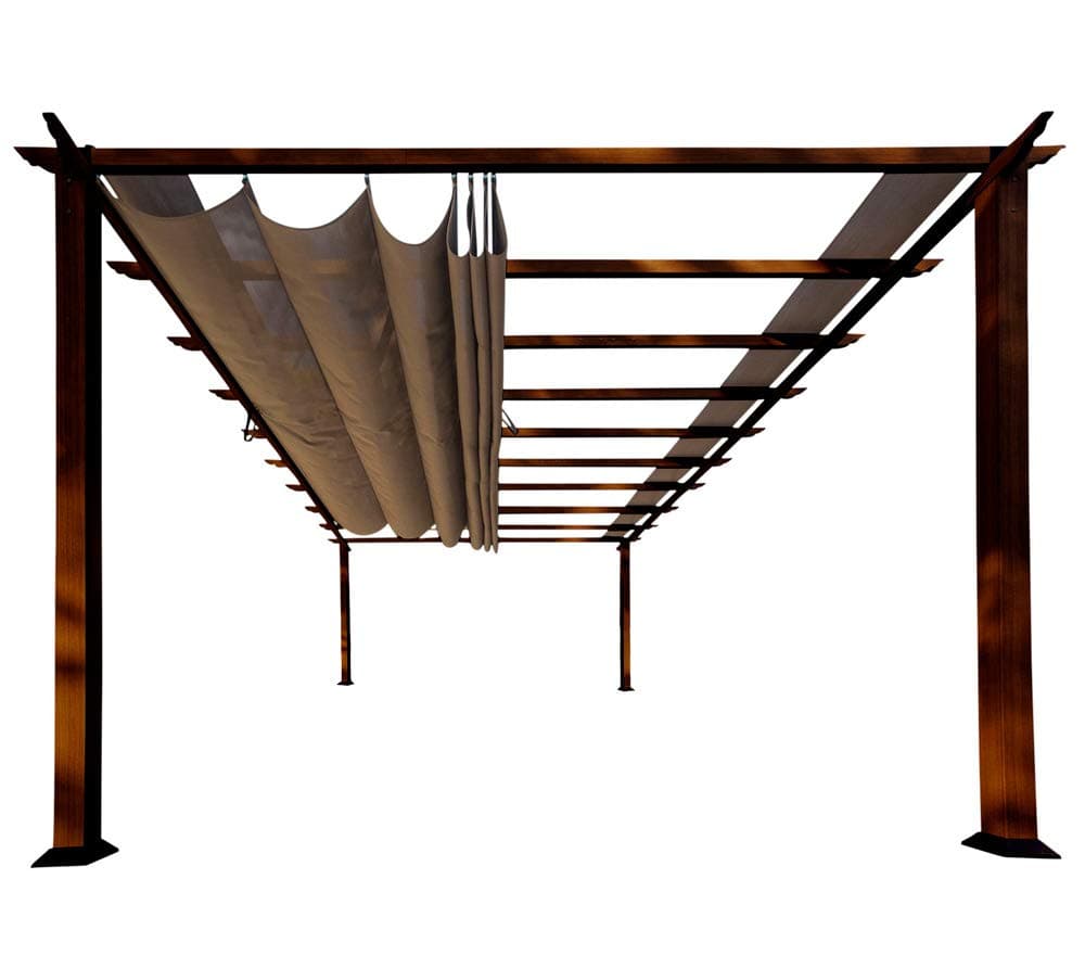 11'x16' Alumnium Pergola in Chilean Ipe with Soft Top Retractable Canopy for Patio, Porch, Garden, Backyard Gazebo (Cocoa Canopy)