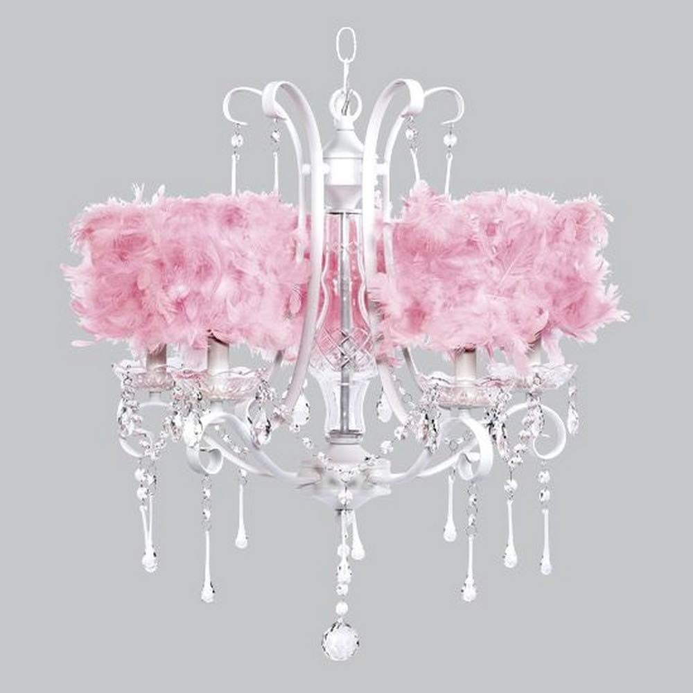 75802-2488 5 Light White Colleen Chandelier with Pink Feather Drum Shades