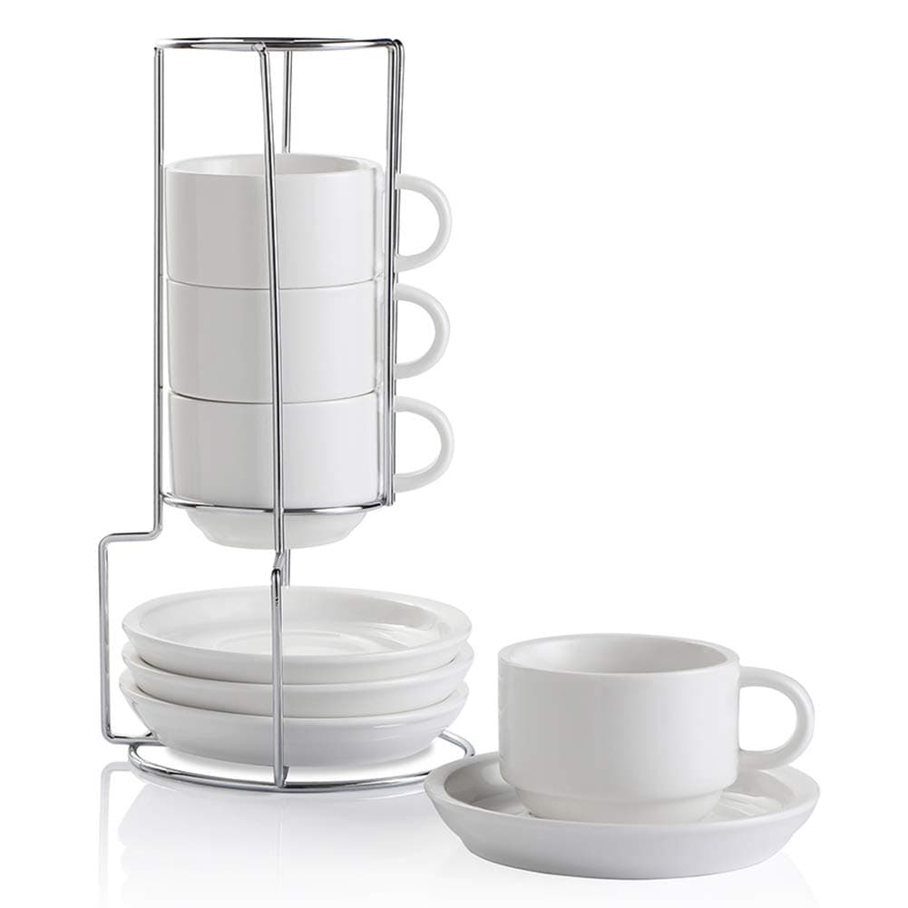Sweejar Porcelain Espresso Cups with Saucers, 4 Ounce Stackable Cappuccino Cups with Metal Stand for Coffee Drinks, Latte, Tea - Set of 4 (White)