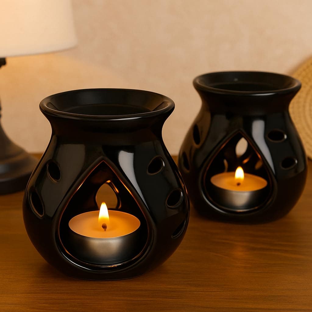 Pure Source India Ceramic Clay Oil Burner Aroma Diffuser (Black) -Set of 2