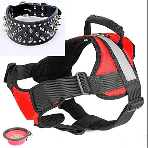 Dog Training and Running Harness Plus Wide Studded Collar for Med Lge Dogs (Up to 60lbs) - Adjustable Reflective No Pull Padded Harness - Bonus Food Bowl Included