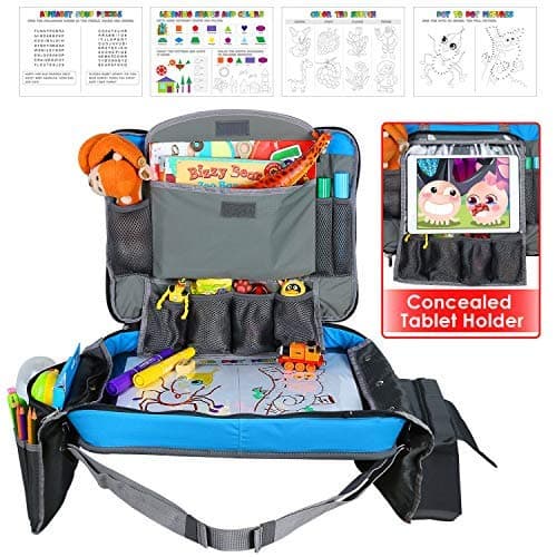 MODOKIT Travel Tray for Car Seat Airplane Stroller, 5 in 1 Detachable Travel Lap Tray with Cup Holder & Concealable ipad Tablet Holder, Removable Side Mesh Pockets, Bonus 4X Drawing Games