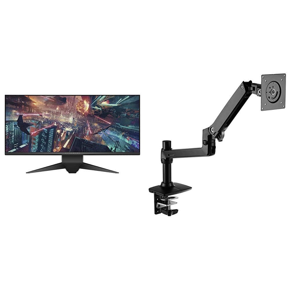 Alienware 1900R 34.1", Curved Gaming Monitor LED-Lit, WQHD 3440 x 1440p Resolution, 4ms 120Hz Overclocked Refresh Rate & AmazonBasics Premium Single Monitor Stand - Lift Engine Arm Mount, Aluminum