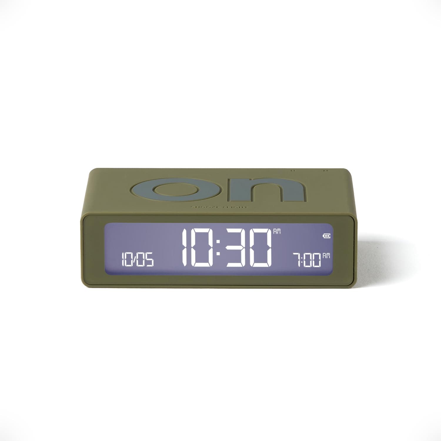 Lexon Flip Mini digital alarm clock, On Off LED clock with Adjustable Brightness, Rechargeable or Mains Powered, Sleek Retro Bedroom Decor Ideal for Alarm Clocks Bedside Use - Khaki