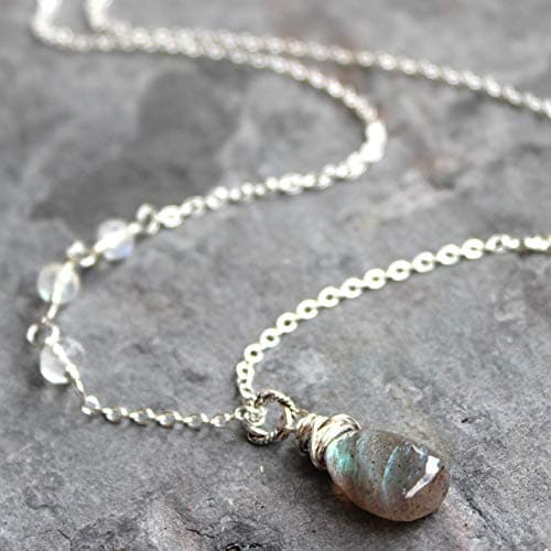 Aerides DesignsLabradorite Necklace Sterling Silver Rainbow Moonstone Beads Gray and White Gemstones