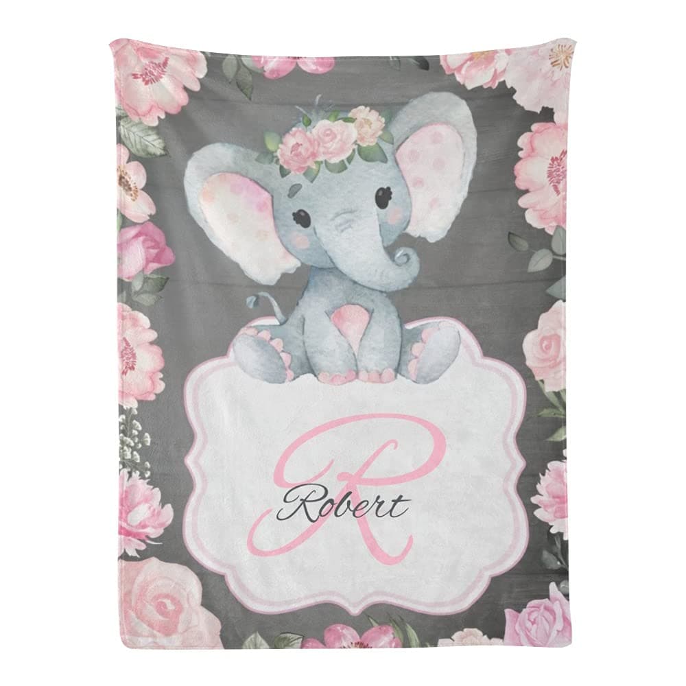 Pink Rustic Elephant Baby Girl Blankets with Name Custom Personalized Baby Nursery Super Soft Fleece Blanket for Boy Girl Birthday 30x40 Inches
