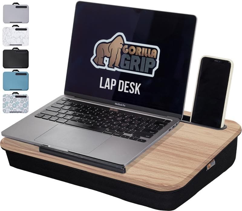 GORILLA GRIP Laptop Lap Desk with Phone Holder, Pillow Cushion Desks Fit Laptops up to 15.6", Gifts for Home, Portable Travel Workstation, Tray Ledge Keep Computers in Place, Light Wood Color