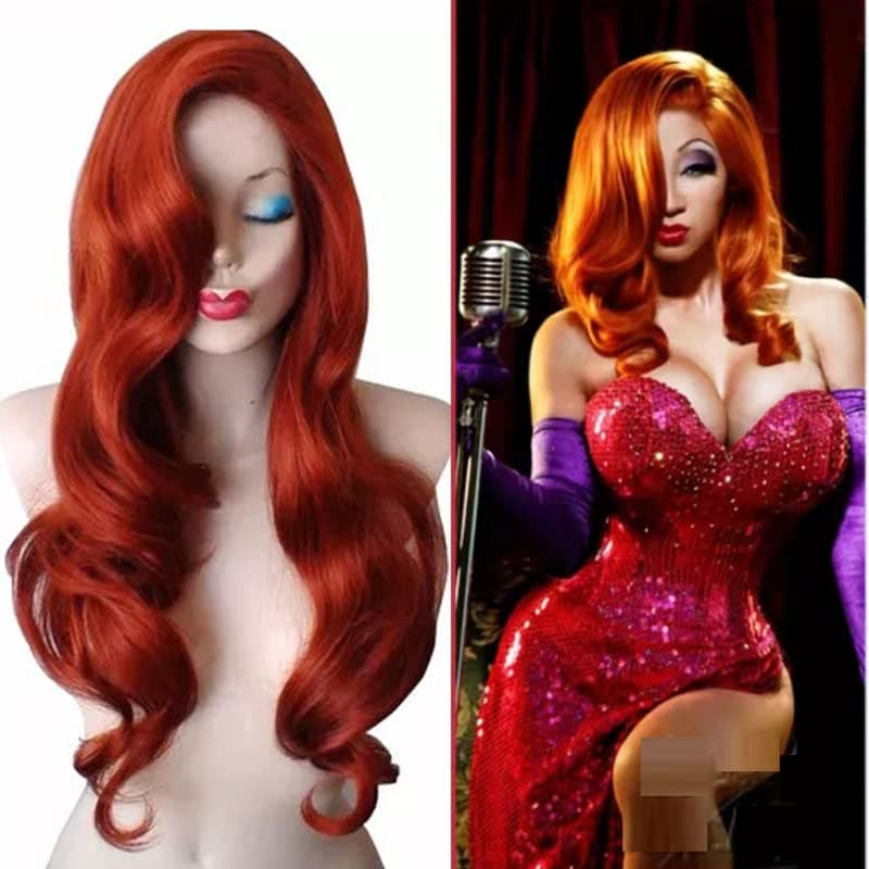 28” Jessica Rabbit Long Wavy Copper Red Cosplay Wig Spiral Curly Anime Heat Resistant Hair for Women