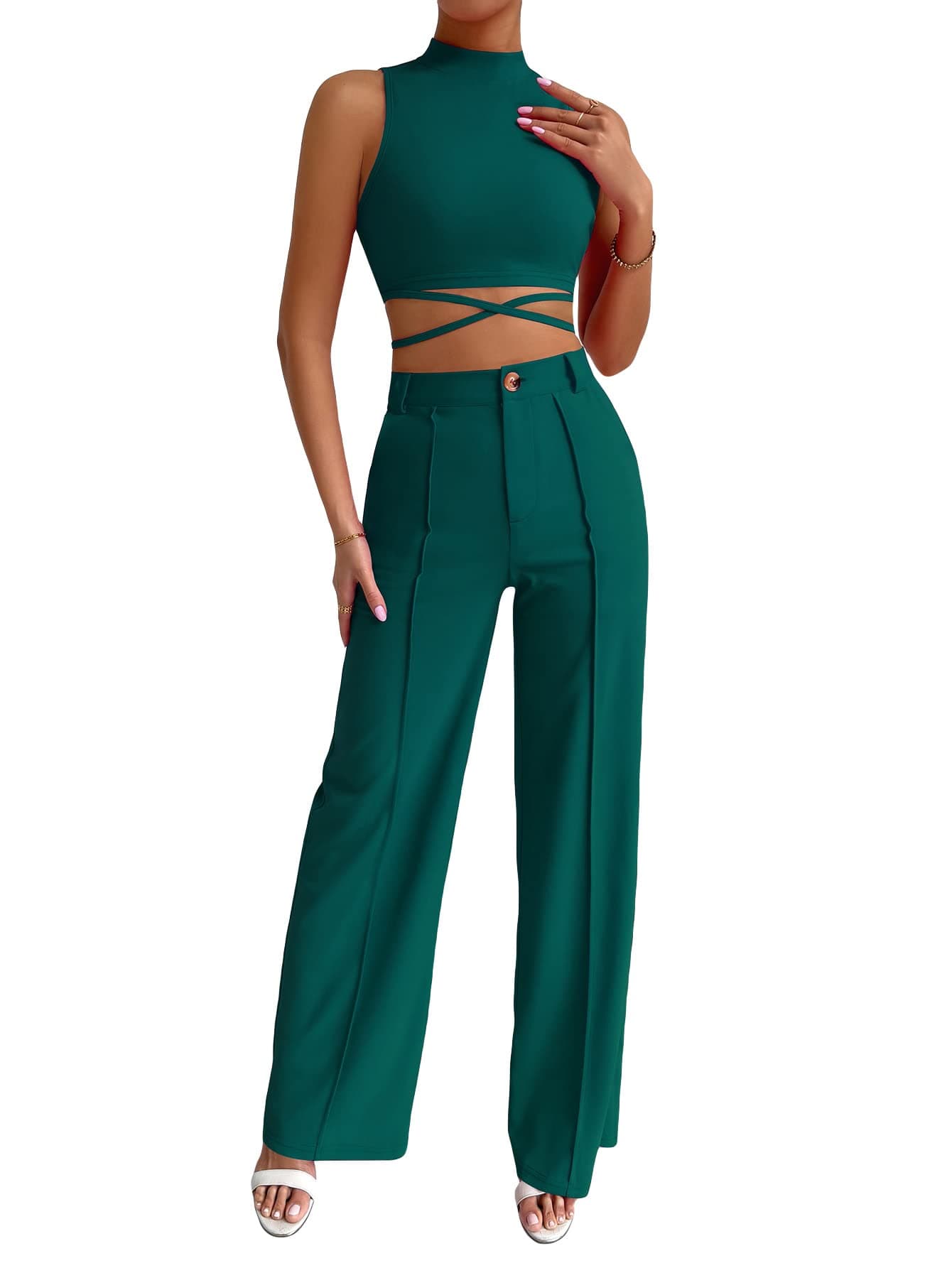 MakeMeChic Women's 2 Piece Outfits Mock Neck Criss Cross Crop Tank Top and Wide Leg Pants Set Dark Green S