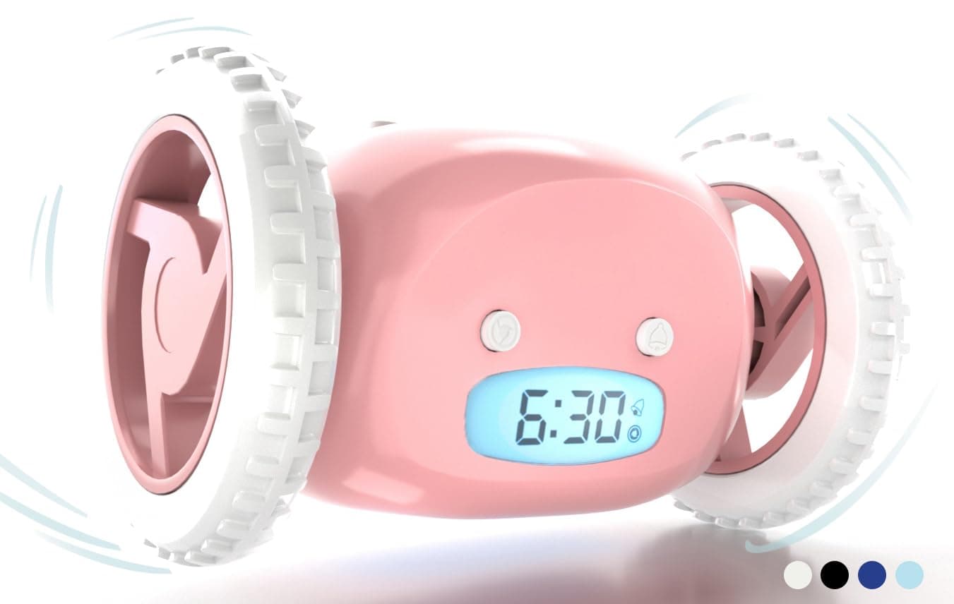 CLOCKY Alarm Clock on Wheels (Authentic) | Extra Loud for Heavy Sleeper (Adult or Kid Bed-Room Robot Clockie) Funny, Rolling, Run-away, Moving, Jumping (Pink)