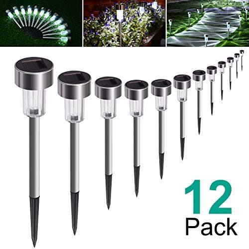 12 Pack Solar Garden Lights Outdoor, Solar Powered Pathway Lights, Outdoor Landscape Light for Lawn/Patio/Yard/Walkway/Driveway (Stainless Steel, White)
