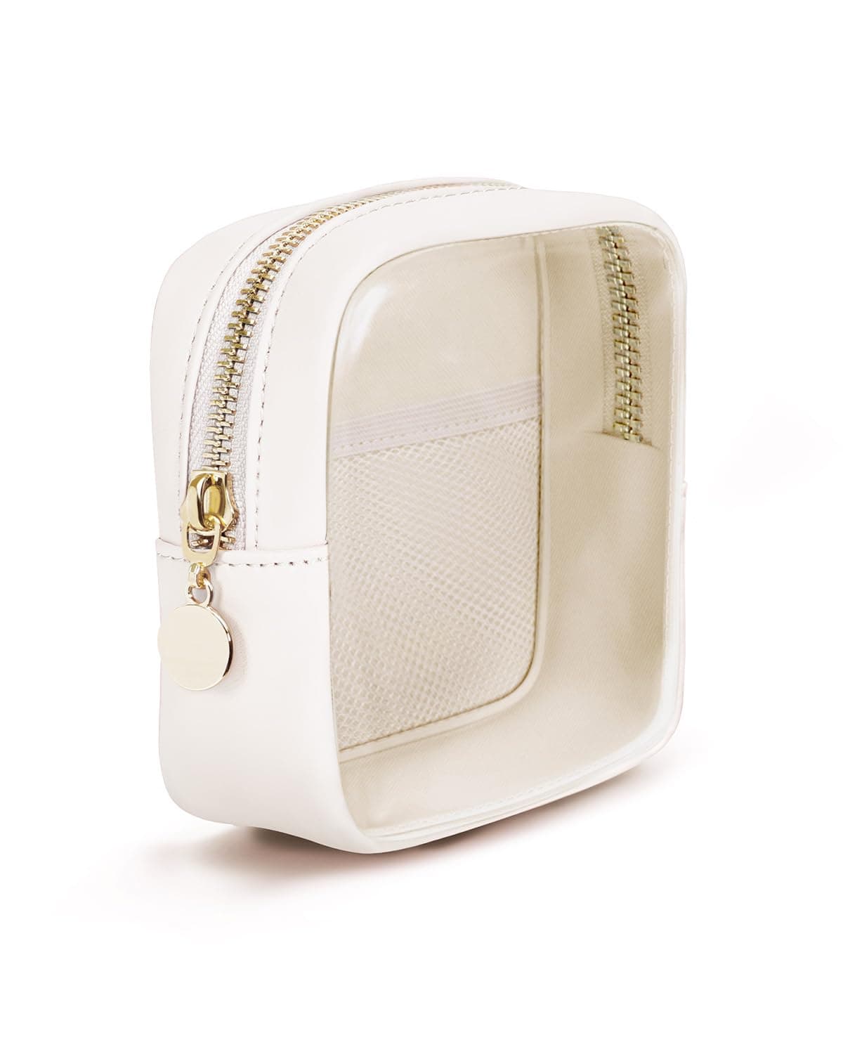 Small Makeup Bag for Handbag Clear Mini Makeup Bag Water-Resistant Vegan Leather Cosmetic Pouch with Slip-in Pocket for Daily Use Travel, Milky White (Patent Pending)