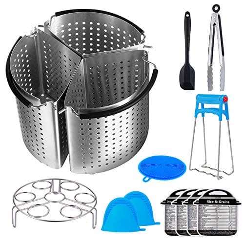 14 In 1 Accessories Compatible with Instant Pot Pressure Cooker 6, 8Qt-Divided Steamer Basket,Egg Rack,Magnetic Cheat Sheets,Kitchen Food Tongs,Silicone Spatula,Silicone Scrubber, Bowl Clip,Oven Mitts