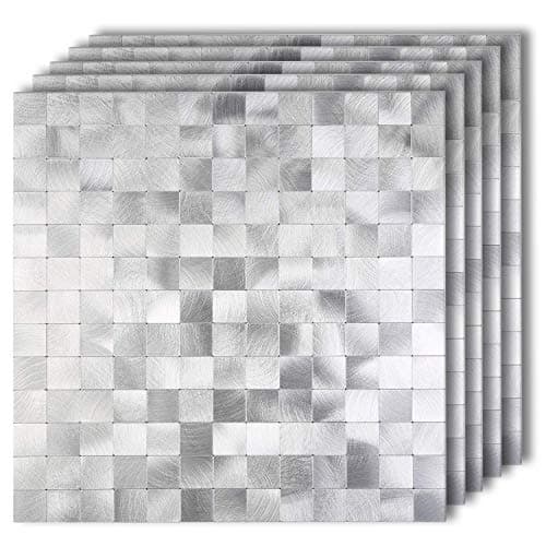 HomeyMosaic Peel and Stick Tile Backsplash,Stick on Kitchen Wall Decor Aluminum Surface Metal Smart Tiles Sticker,Rock Silver Square Plaid(12"x12"x 5 Sheets)