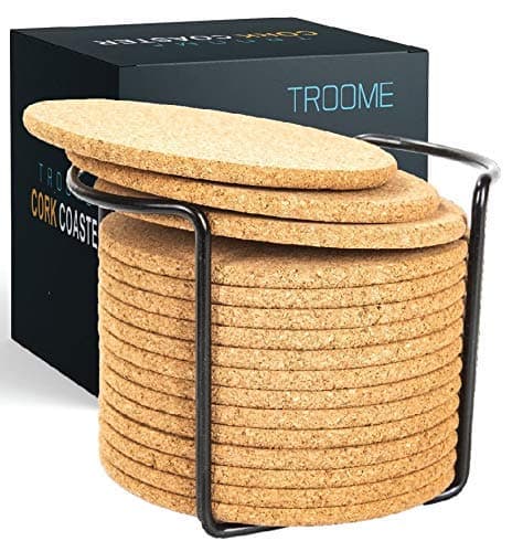 Cork Coasters 16 Pcs with Metal Holder (Designed in USA) Thick Absorbent Natural Rustic Bar Table Cup Coasters for Drinks Bar Glass