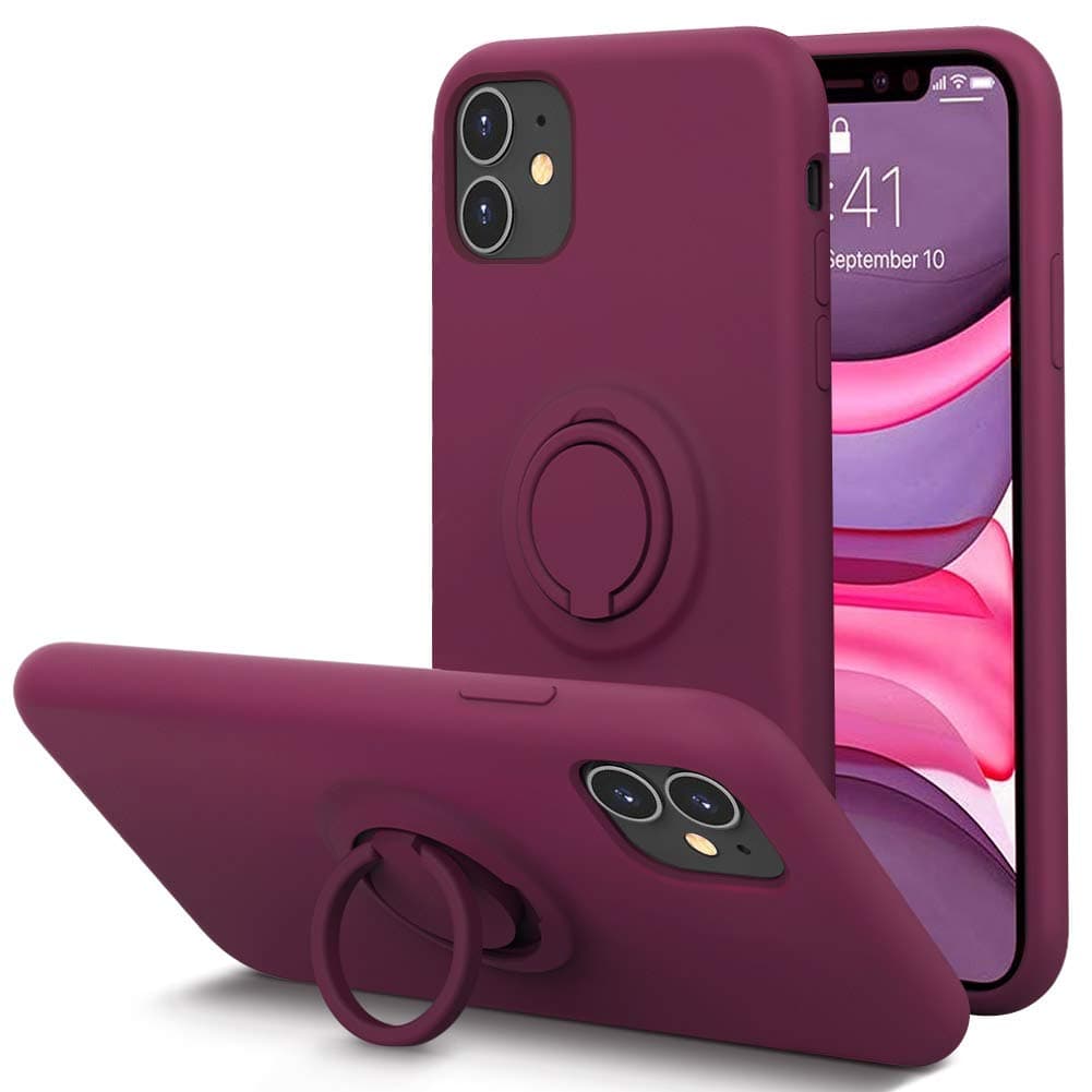 KUMEEK for iPhone 11 Case Fingerprint | Kickstand | Anti-Scratch | Microfiber Liner Shock Absorption Gel Rubber Full Body Protection Liquid Silicone Case for iPhone 11-WineRed
