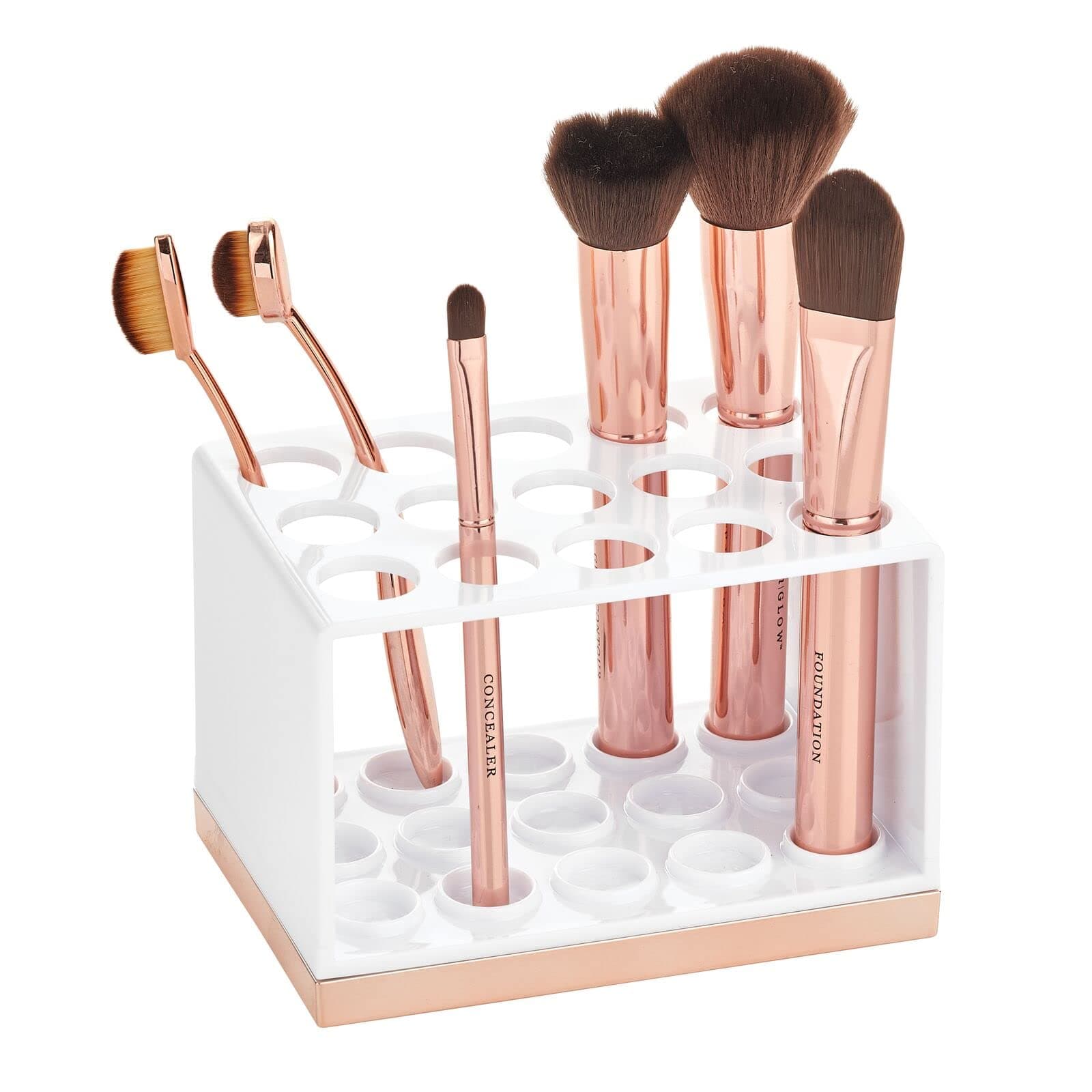 mDesign Plastic Makeup Brush Storage Organizer with 15 Slots for Bathroom Countertop, Vanity to Hold Eye/Lip Pencils, Lip Gloss, Liners, Lipstick - White/Rose Gold