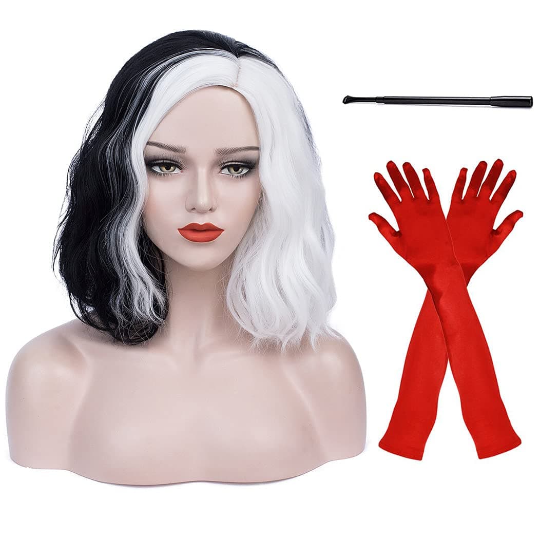 Black White Cruella Deville Wig for Cruella Deville Costume Women Curly Wavy Wigs for Halloween R019BW