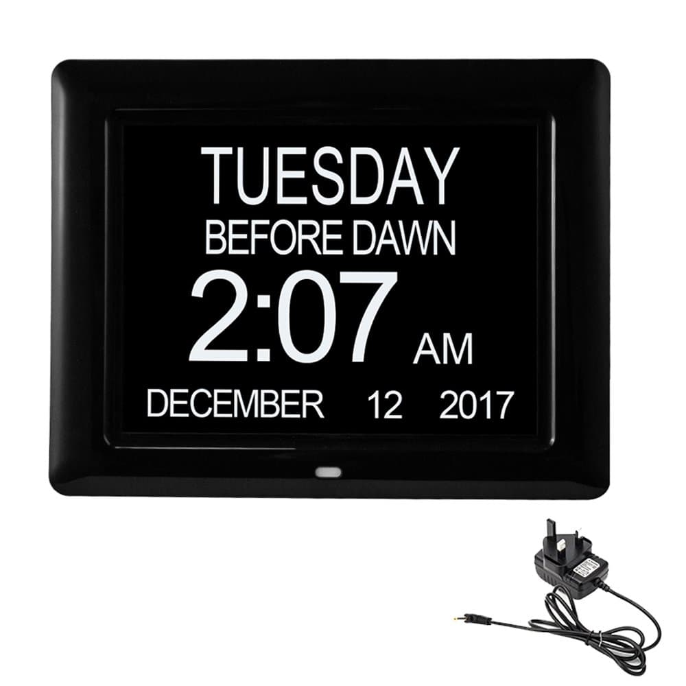 Digital Calendar Day Clock with Large Clear Time Day and Date display Desk/Shelf Clock 8'' Clock Perfect For Visually Impaired Senior Living Offices Home Memory Loss with 12 Alarm Options Black