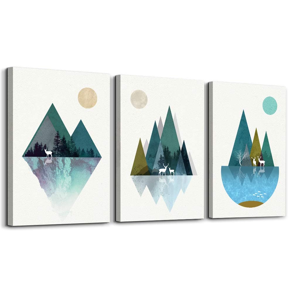 Sunrise and sunset Canvas Wall Art Paintings Blue Abstract Geometry Pictures,bathroom Wall decor Living Room Bedroom posters Artworks,3 Panels Watercolor painting office Wall Decoration 12x16 inch