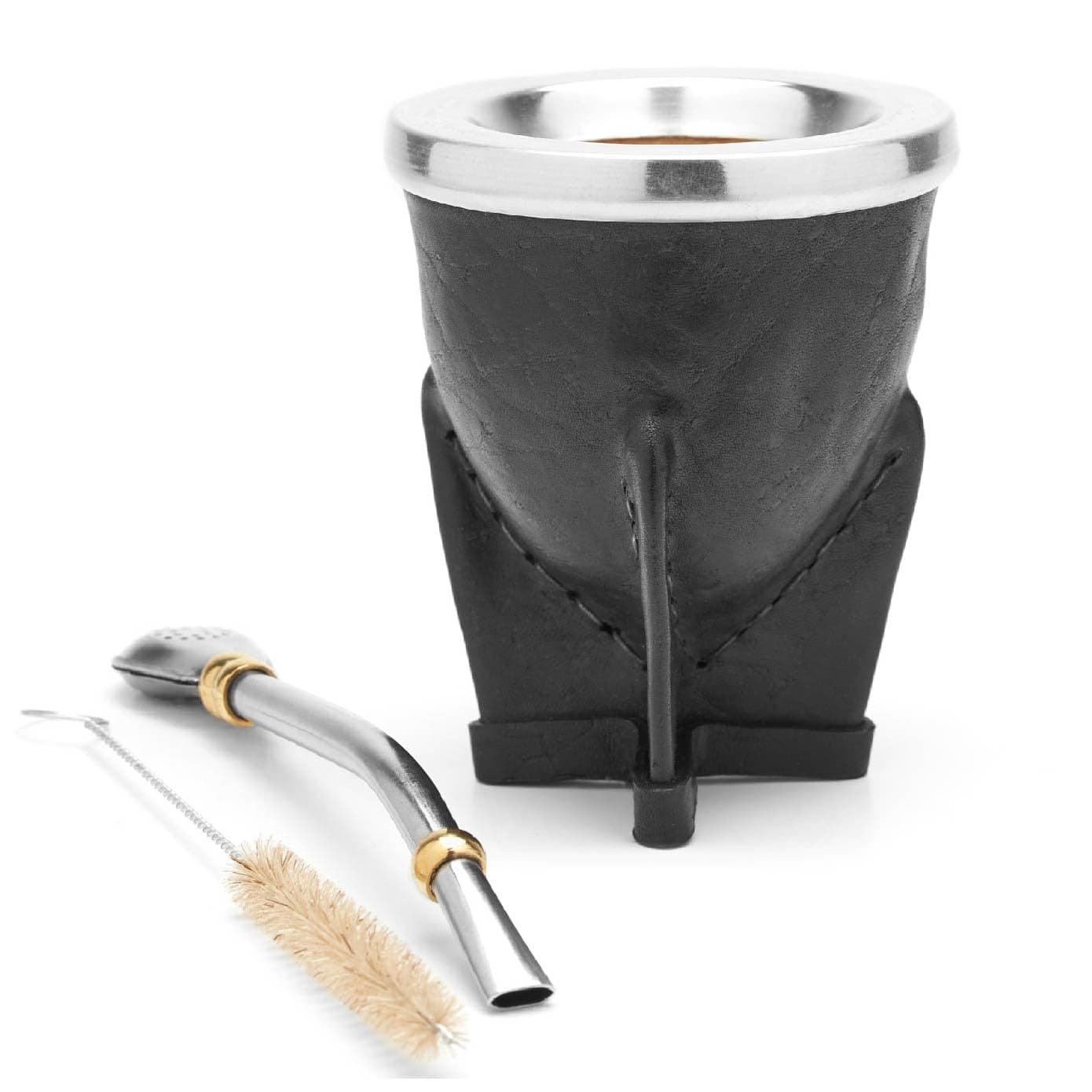 balibetov Leather Wrapped Handmade Mate Gourd Including Straw (Bombilla) (Black)