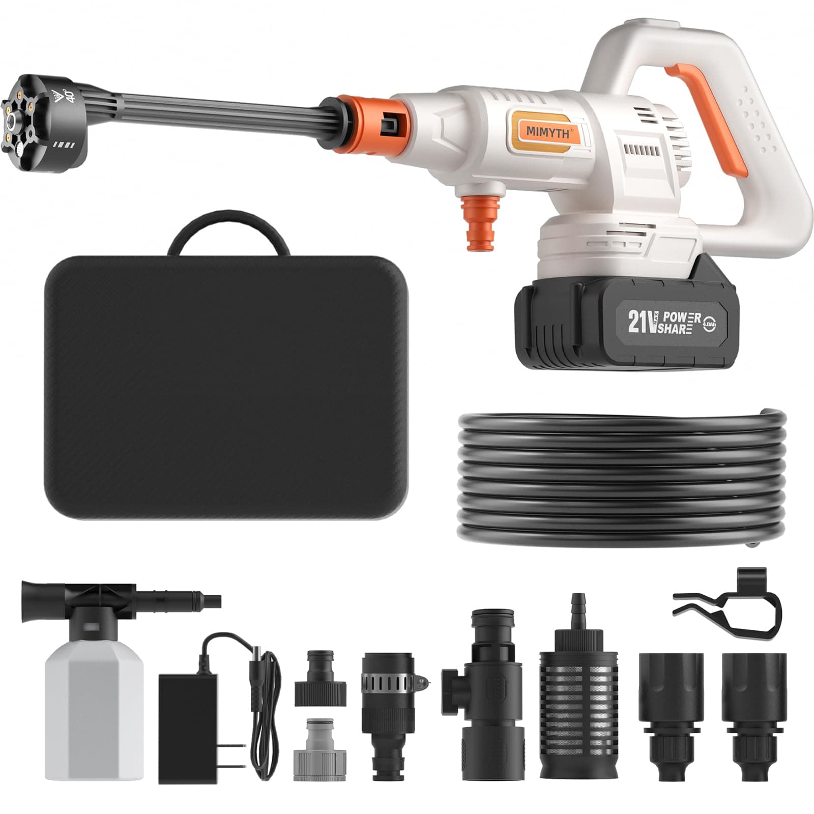 MIMYTH Cordless Pressure Washer; 1200PSI 3.0GPM Portable Power Washer with Brushless Motor, 4.0Ah Battery&Charger, 6-in-1 Nozzle, 3 Power Level w/Touch Screen; Electric Pressure Washer for Cars White