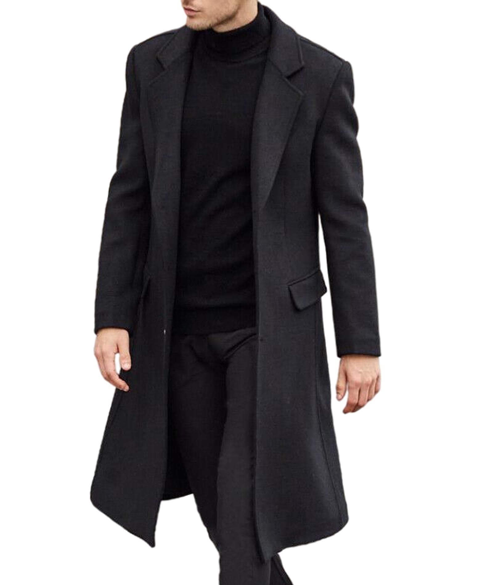 Men's Casual Trench Coat Slim Fit Notched Collar Long Jacket Overcoat Single Breasted Pea Coat wih Pockets