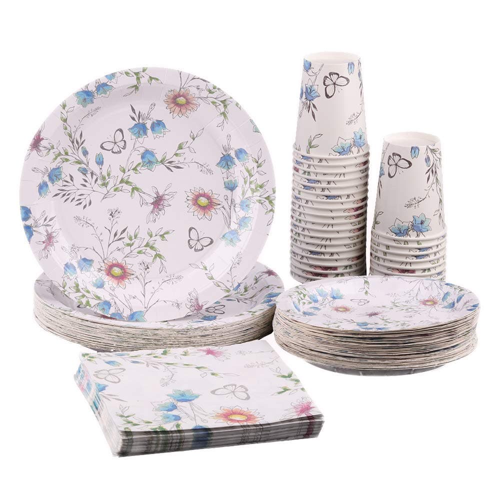 Floral Party Supplies 50 Guests Disposable Blue Butterfly Paper Plate and Napkins Set for Mother Birthday Girlfriend Party Wedding Engagement Bridal Shower Spring Tea Party