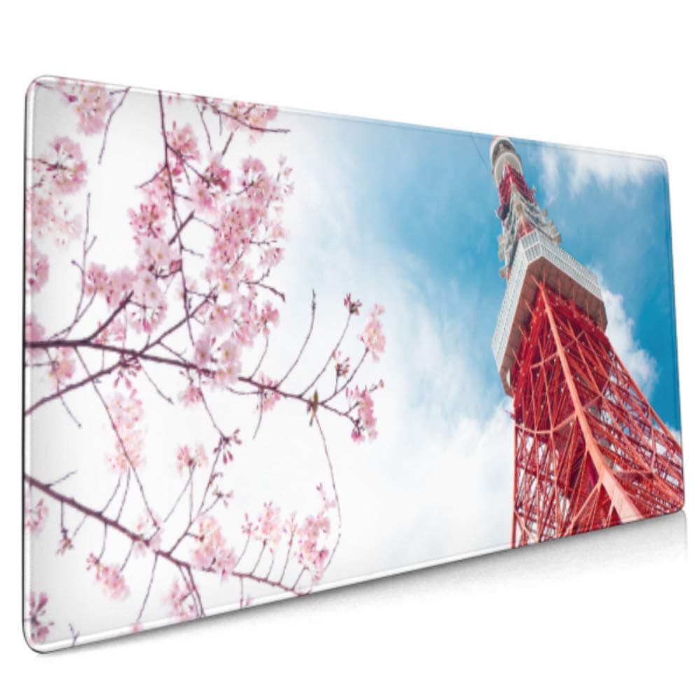 Long Mousepad (35.5x15.8in) View Tokyo Tower Pink Cherry Blossomsakura Desk Pad Keyboard Mat, Non-Slip Base, Water-Resistant, for Work & Gaming, Offi