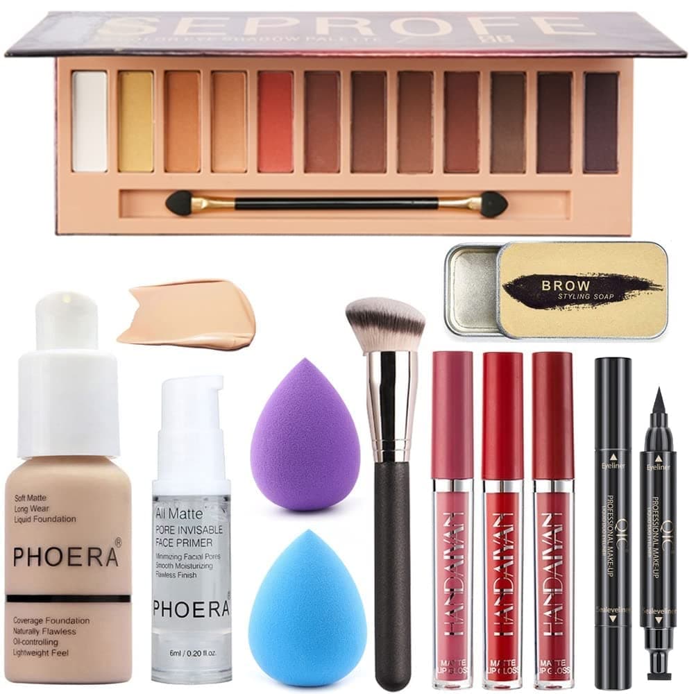 All in One Makeup Set - 12 Color Eyeshadow Palette, Matte Foundation, Face Primer, 3 Color Liquid Lipstick, Eyebrow Soap, Winged Eyeliner Stamp, Makeup Brush, Sponge - Set A