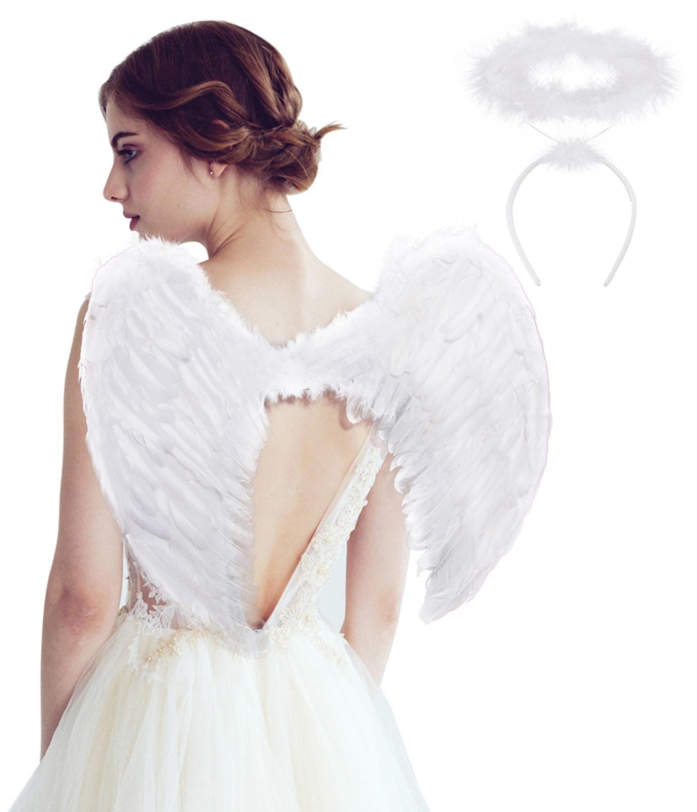White Angel Wings and Halo Costume for adult, Angel Halo and Wings Angel Costumes for Adults Women Men, Christmas White Feather Angel Wing for Kids Girls Child Teen Boys Children