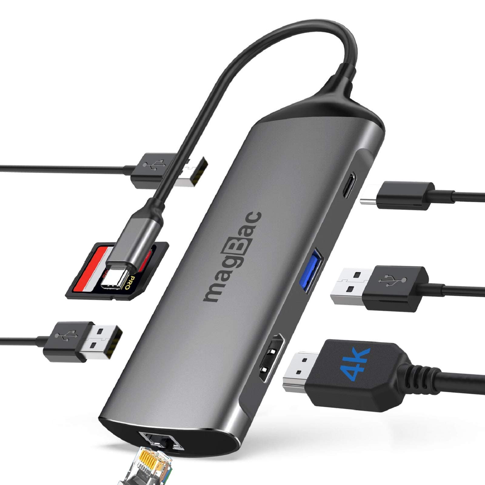 USB C Docking Station, MagBac USB C Hub to HDMI,Gigabit Ethernet, 2 USB 3.0, USB 2.0, SD/TF Card Reader,100W Power Delivery, Portable USB Adapter for MacBook Pro/Type C Laptops