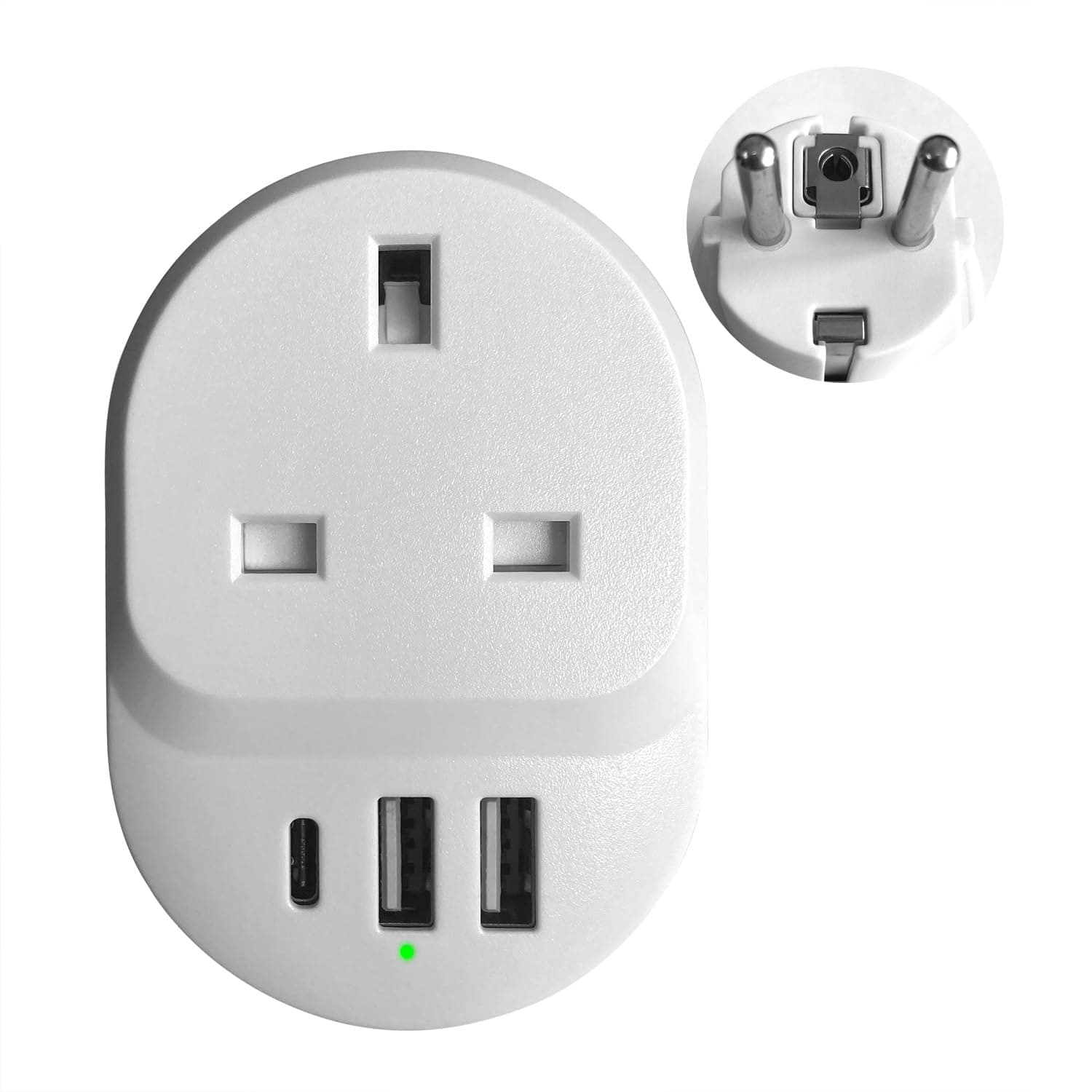 DentJet UAE/KSA/UK to EU Travel Plug Adapter with 2xUSB+1xType C Ports, Compact Wall Extender Power Socket, Output 18W, Electric Safety Protection and Fire Retardant for Travel, Office and Home