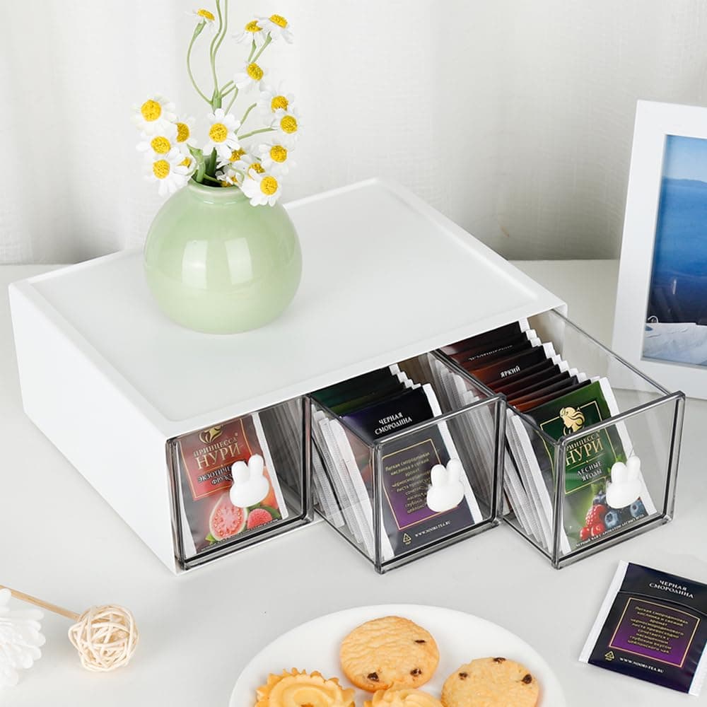 BAIEUEJO Cupboard Organizers, Tea Box with 3 Drawers, Kitchen Storage Box for Tea Bags, Coffee, etc. Storage Rack for Kitchen/Bathroom/Dressing/Office, etc. (White)