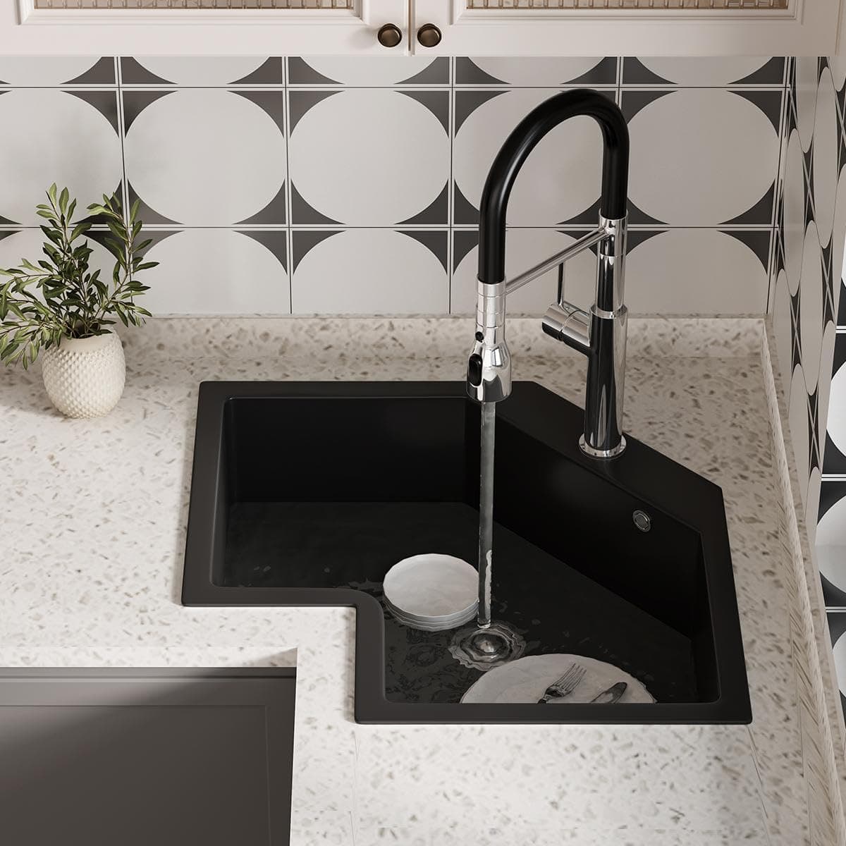 25-Inch Black Undermount Corner Kitchen Sink – Irregular Quartz Single Bowl Sink for Modern Kitchens, Scratch-Resistant and Easy to Clean