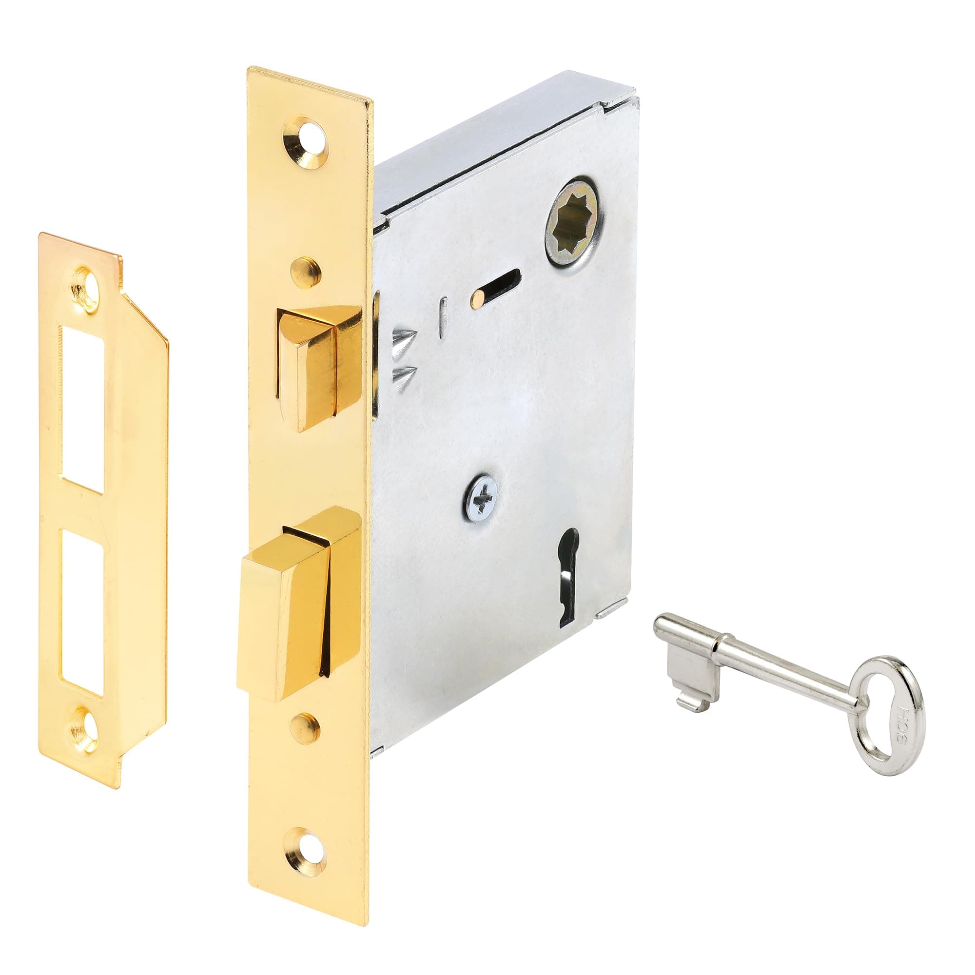 Prime-Line E 2294 Vintage Style Indoor Mortise Lock Assembly Kit ā Cast Steel, Brass Plated Finish, Antique Skeleton Key ā Backset, 1/4ā Max Square Spindle - Reversible Latch Bolt (Single Pack)