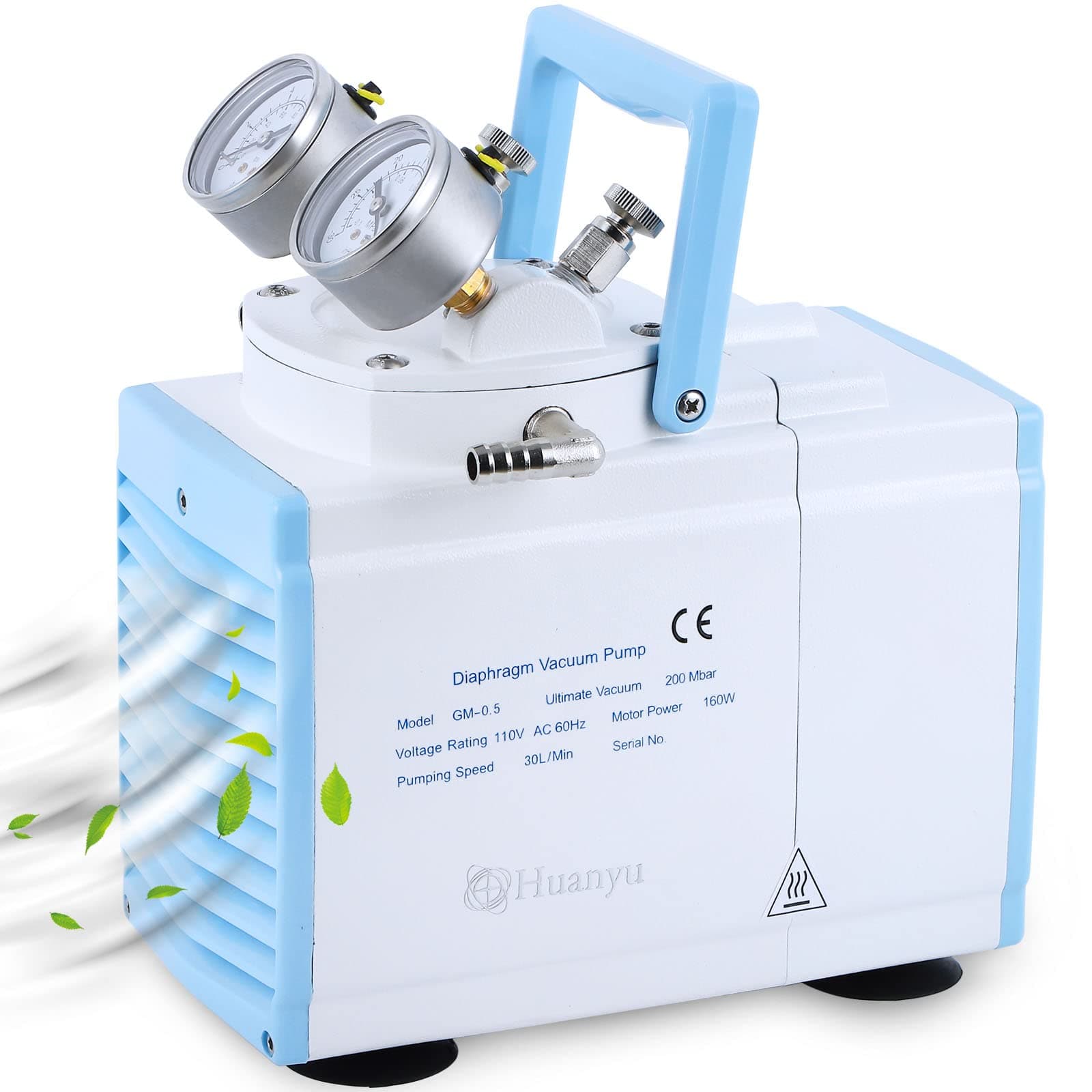 Huanyu Oilless Diaphragm Vacuum Pump 30L/min Chemical Resistant No Oil Laboratory Vacuum Filtration Extraction Distillation 110V (Single Pump, GM-0.5A)