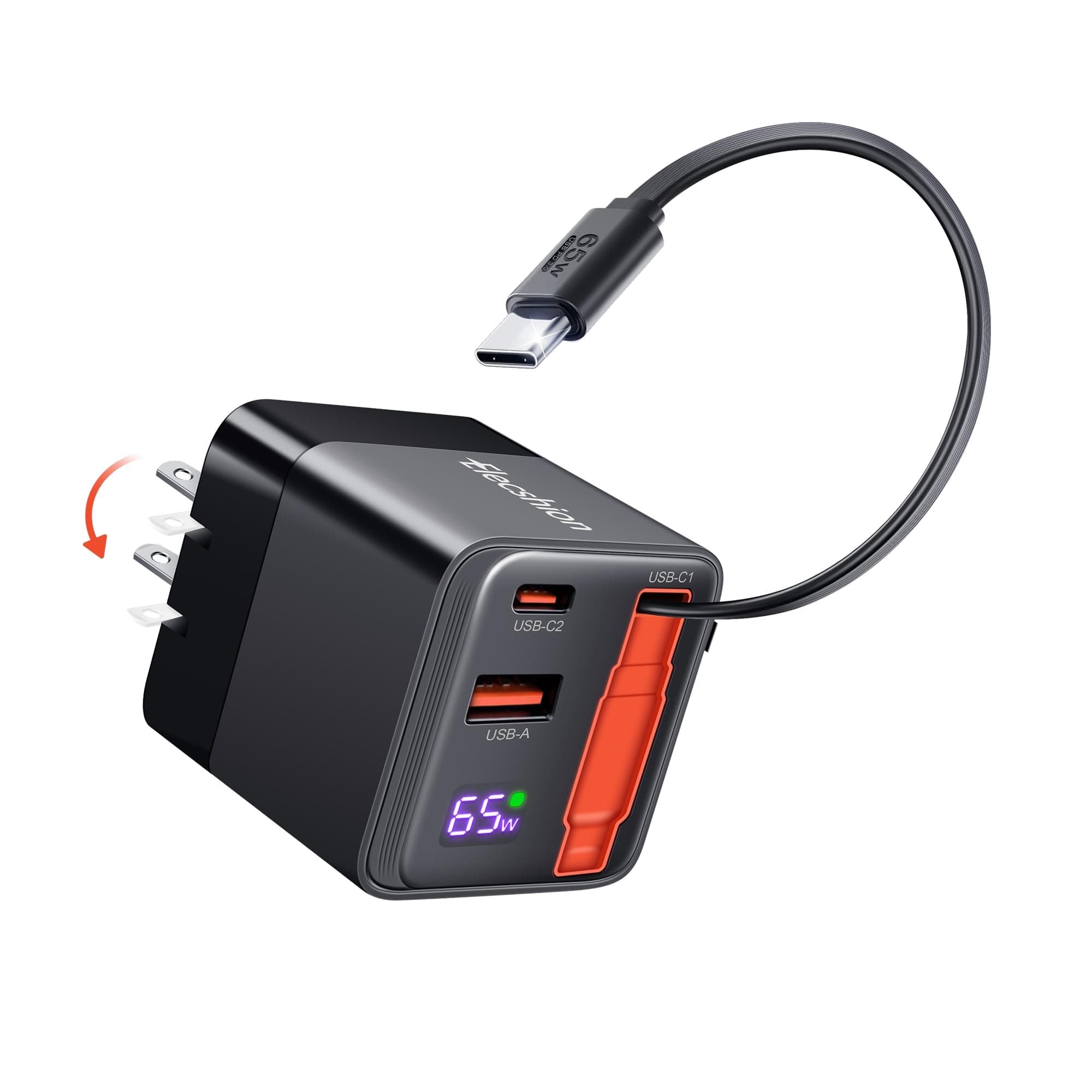 65W Retractable Wall Charger, USB C Charger Block Built-in Type C Cable & Dual Port, PD PPS Fast Charging GaN Power Adapter Travel Charger for MacBook,Lenovo IdeaPad,iPhone 16 Pro Max,Galaxy S24