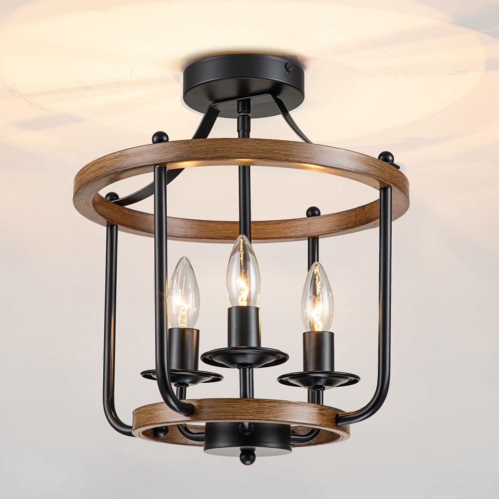 Farmhouse Semi Flush Mount Ceiling Light Fixtures, Industrial Rustic Ceiling Lamp Metal Cage Hallway Light Fixtures(3-Light Wood Finish)
