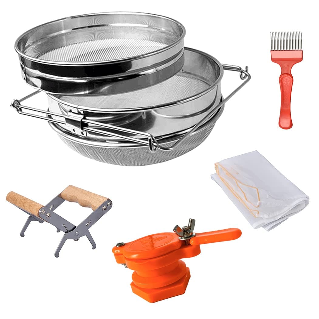 MayBee Double Sieve Honey Harvesting Kit for Beekeepers, Beekeeping Starter Kit Set of 5, Double Sieve Honey Strainer Stainless Steel, Frame Grip, Uncapping Fork, Honey Gate, Honey Filter Bag